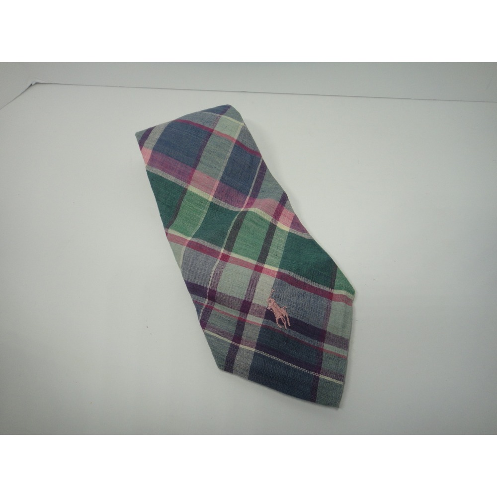 Polo Ralph Lauren Men's Madras Plaid 100% Cotton Necktie Green Pink Blue Pony
